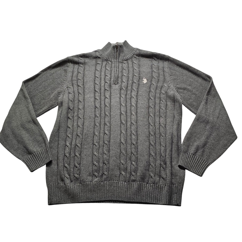 US Polo Assn Quarter Zip Sweater Mens L Gray Cable Knit Mock Neck Pullover